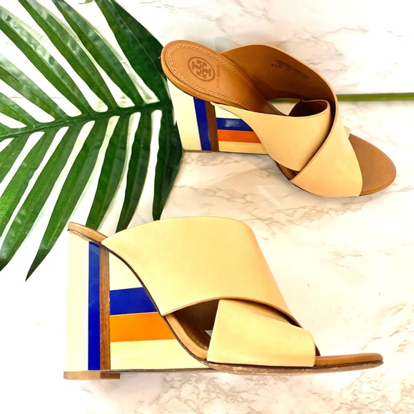 Criss Cross Slip On Mules Color Block Heel Wedge Tory Burch - Picture 6 of 15